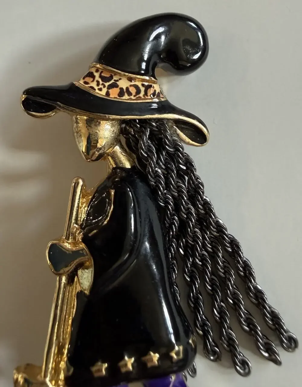 Funky Witch Brooch Pin Black Enamel Purple Rhinestone Broom Halloween Jewelry